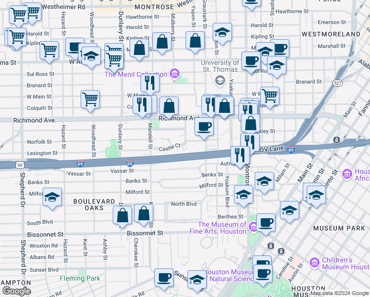 map of restaurants, bars, coffee shops, grocery stores, and more near 4623 Yupon Street in Houston
