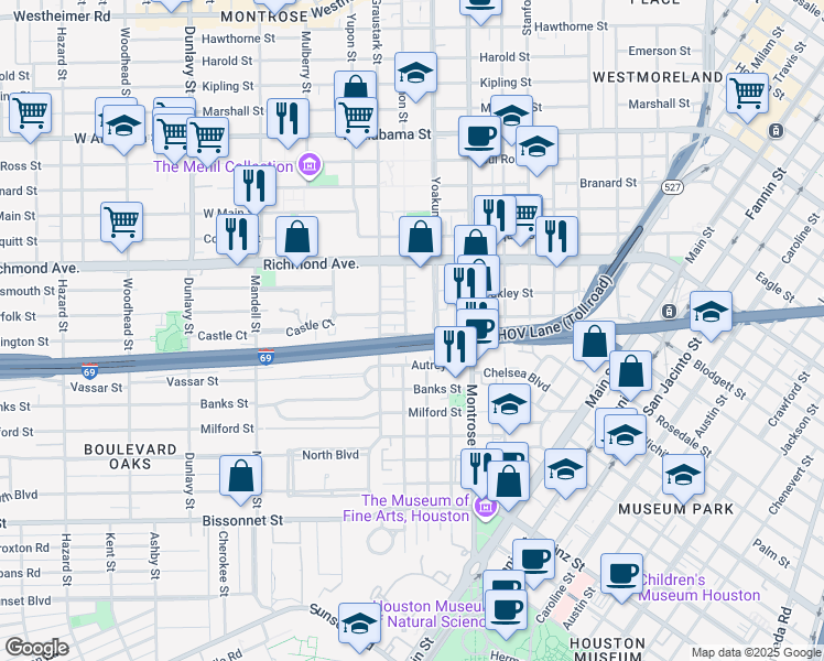 map of restaurants, bars, coffee shops, grocery stores, and more near 4509 Mount Vernon Street in Houston