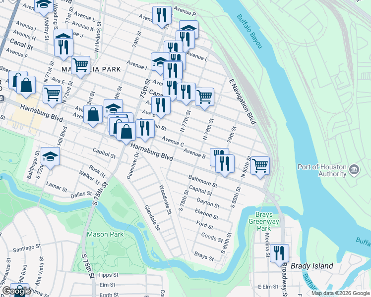 map of restaurants, bars, coffee shops, grocery stores, and more near 7711 Harrisburg Boulevard in Houston