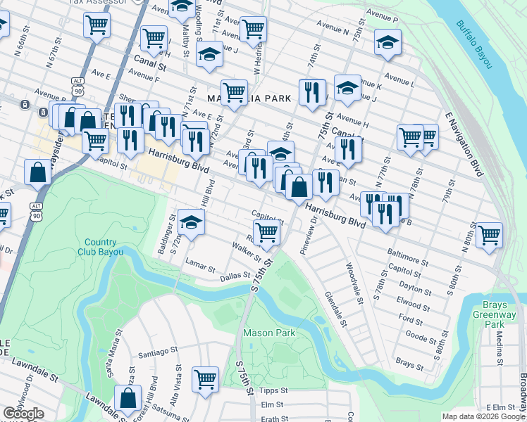 map of restaurants, bars, coffee shops, grocery stores, and more near 7328 Holtcamp Street in Houston