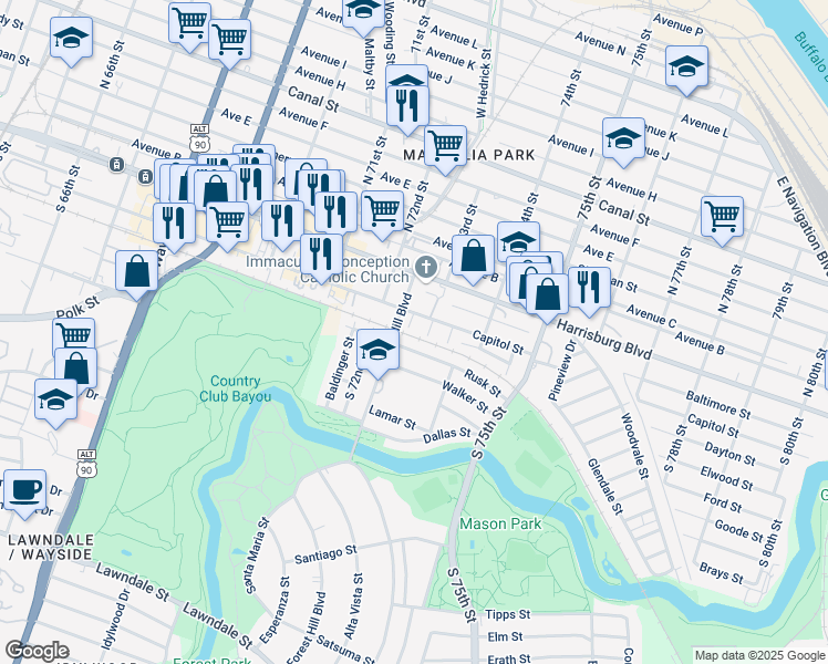 map of restaurants, bars, coffee shops, grocery stores, and more near 7302 Rusk Street in Houston