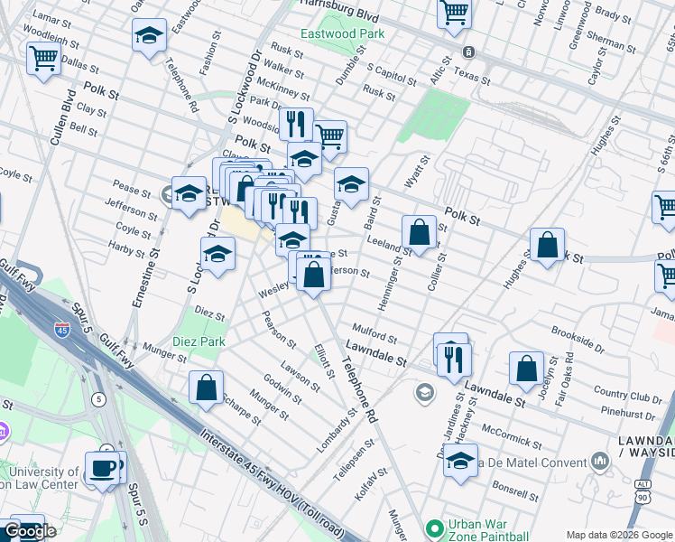 map of restaurants, bars, coffee shops, grocery stores, and more near 5021 Lindsay Street in Houston
