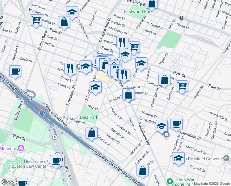 map of restaurants, bars, coffee shops, grocery stores, and more near 1013 Elliston Street in Houston