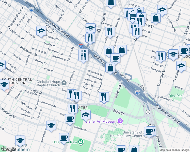 map of restaurants, bars, coffee shops, grocery stores, and more near 3710 McGowen Street in Houston