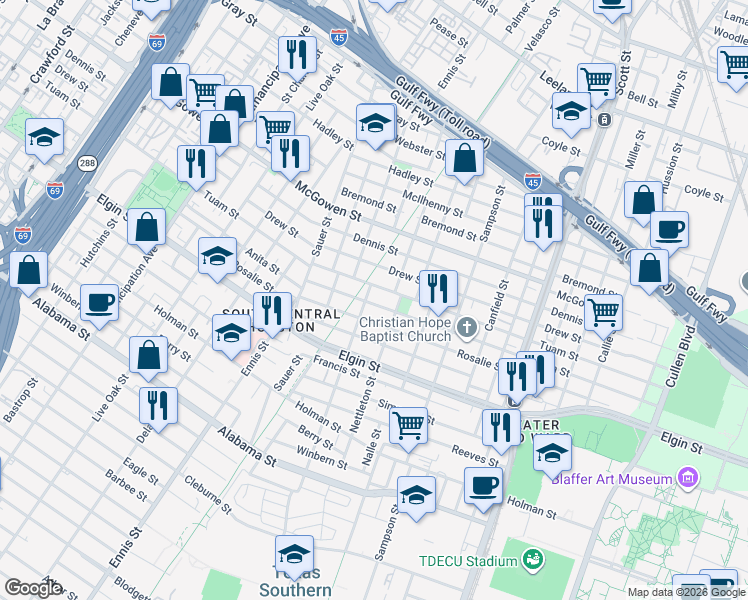 map of restaurants, bars, coffee shops, grocery stores, and more near 3201 Rosalie Street in Houston