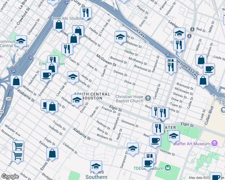 map of restaurants, bars, coffee shops, grocery stores, and more near 3201 Rosalie Street in Houston