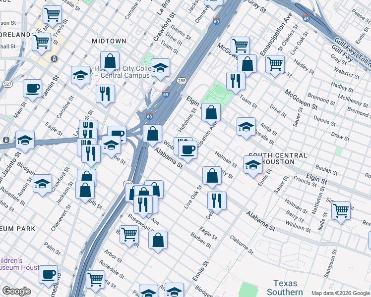map of restaurants, bars, coffee shops, grocery stores, and more near 3705 Bastrop Street in Houston
