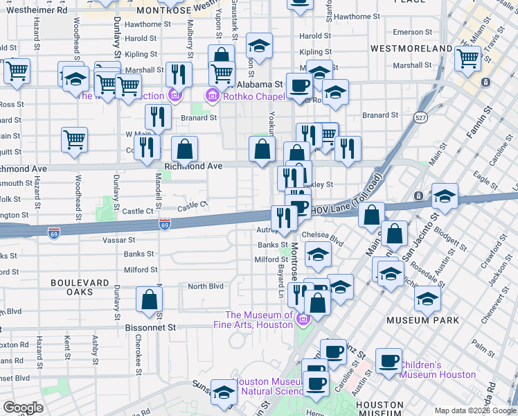 map of restaurants, bars, coffee shops, grocery stores, and more near 1210 Autrey Street in Houston
