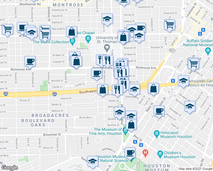 map of restaurants, bars, coffee shops, grocery stores, and more near 1210 Autrey Street in Houston