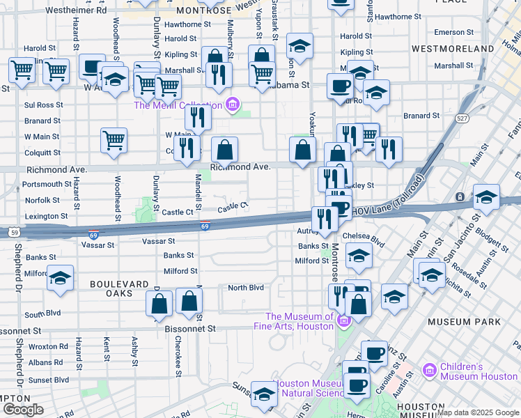 map of restaurants, bars, coffee shops, grocery stores, and more near 1304 Vassar Street in Houston