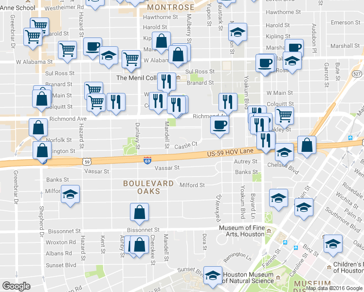 map of restaurants, bars, coffee shops, grocery stores, and more near 1551 Castle Court in Houston