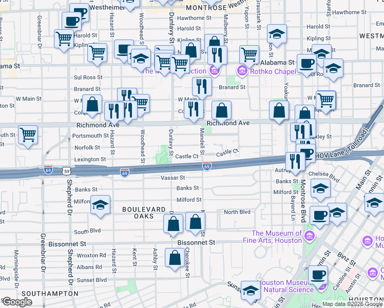 map of restaurants, bars, coffee shops, grocery stores, and more near 1609 Castle Court in Houston