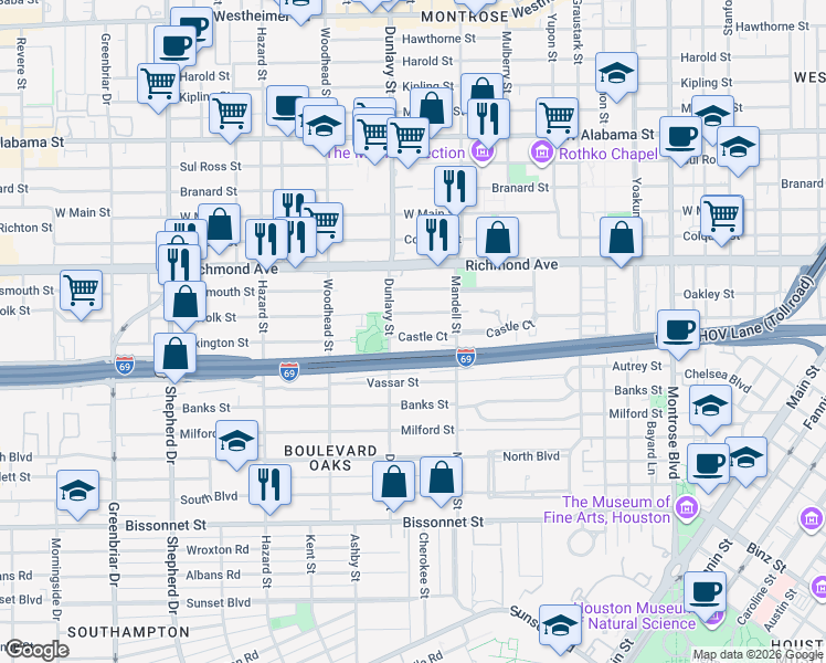map of restaurants, bars, coffee shops, grocery stores, and more near 1647 Castle Court in Houston
