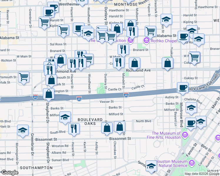 map of restaurants, bars, coffee shops, grocery stores, and more near 1647 Castle Court in Houston