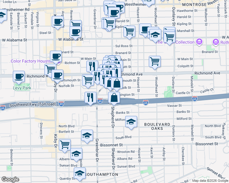 map of restaurants, bars, coffee shops, grocery stores, and more near 2020 Southwest Freeway Service Road in Houston