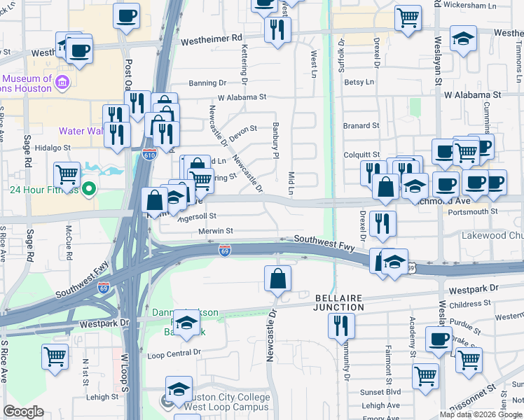 map of restaurants, bars, coffee shops, grocery stores, and more near 4607 Ingersoll Street in Houston