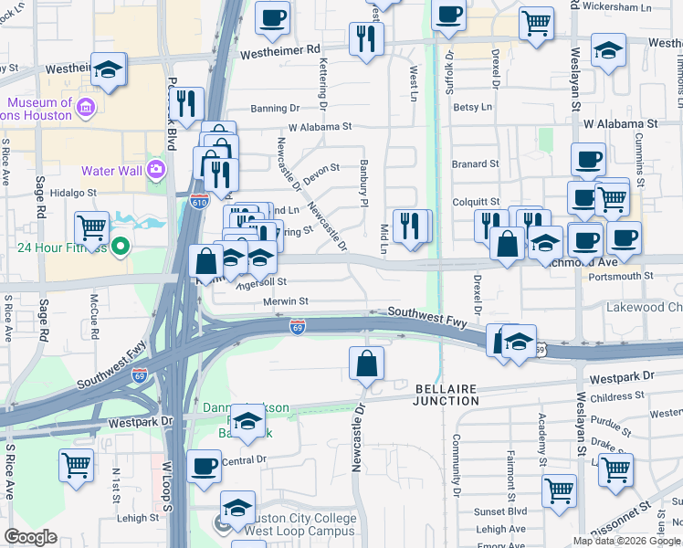 map of restaurants, bars, coffee shops, grocery stores, and more near 4607 Ingersoll Street in Houston