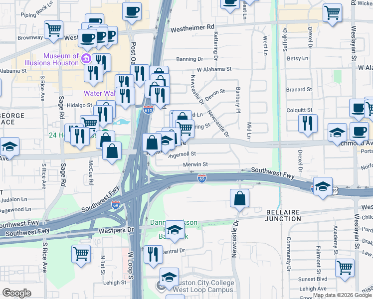 map of restaurants, bars, coffee shops, grocery stores, and more near 4659 Ingersoll Street in Houston