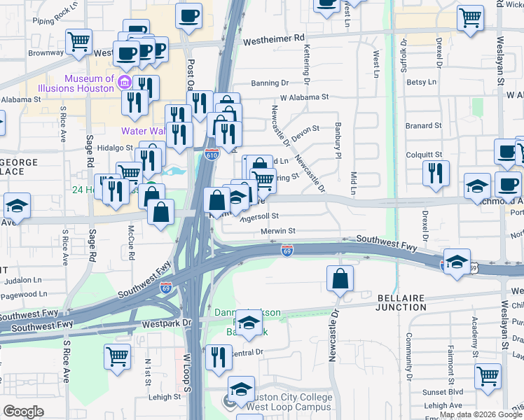 map of restaurants, bars, coffee shops, grocery stores, and more near 4663 Ingersoll Street in Houston