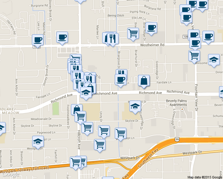 map of restaurants, bars, coffee shops, grocery stores, and more near in Houston