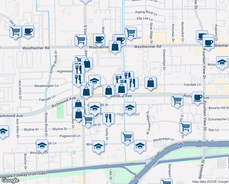 map of restaurants, bars, coffee shops, grocery stores, and more near 6393 Richmond Avenue in Houston
