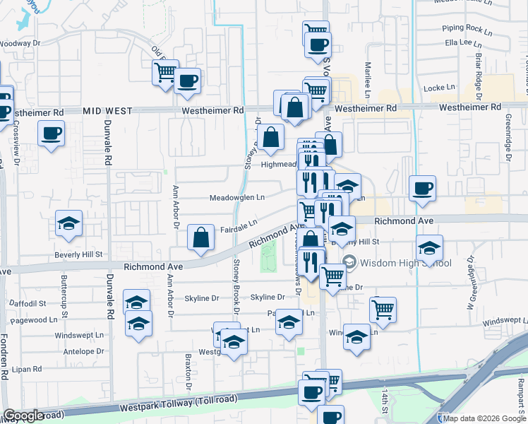 map of restaurants, bars, coffee shops, grocery stores, and more near 7715 Fairdale Lane in Houston
