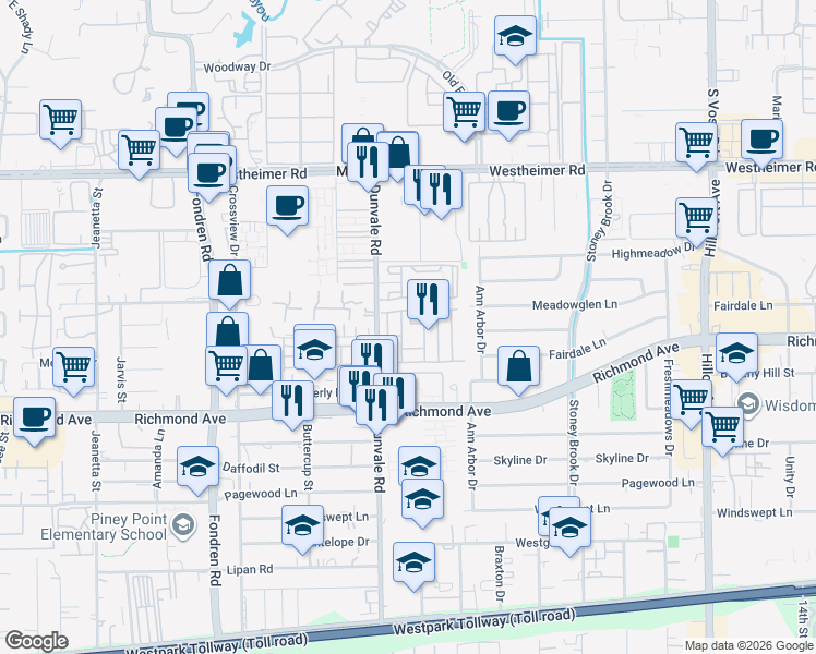 map of restaurants, bars, coffee shops, grocery stores, and more near 2949 Dunvale Rd in Houston
