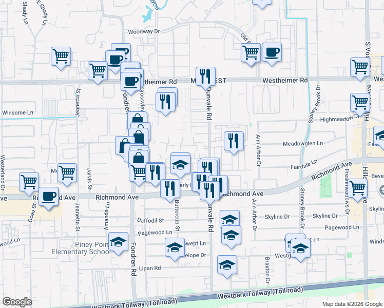 map of restaurants, bars, coffee shops, grocery stores, and more near 8513 Hollyoaks Creek Lane in Houston