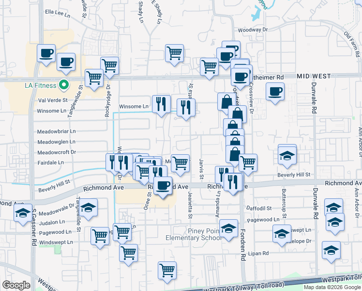 map of restaurants, bars, coffee shops, grocery stores, and more near 3100 Jeanetta Street in Houston