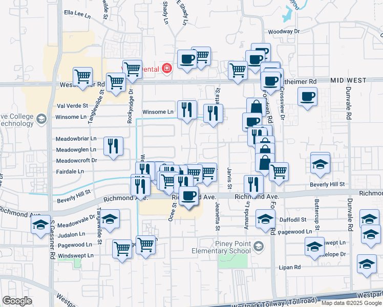 map of restaurants, bars, coffee shops, grocery stores, and more near 9242 Monsey Drive in Houston