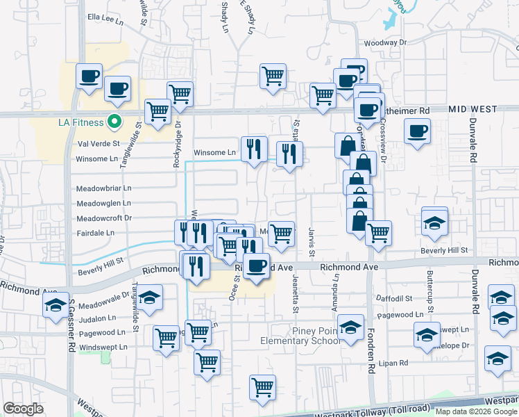 map of restaurants, bars, coffee shops, grocery stores, and more near 9242 Monsey Drive in Houston