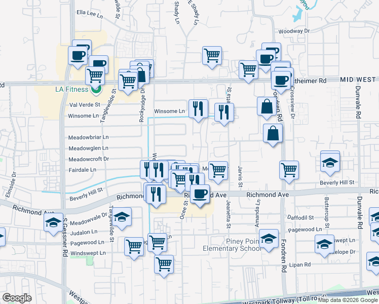 map of restaurants, bars, coffee shops, grocery stores, and more near 9307 Meadowcroft Drive in Houston