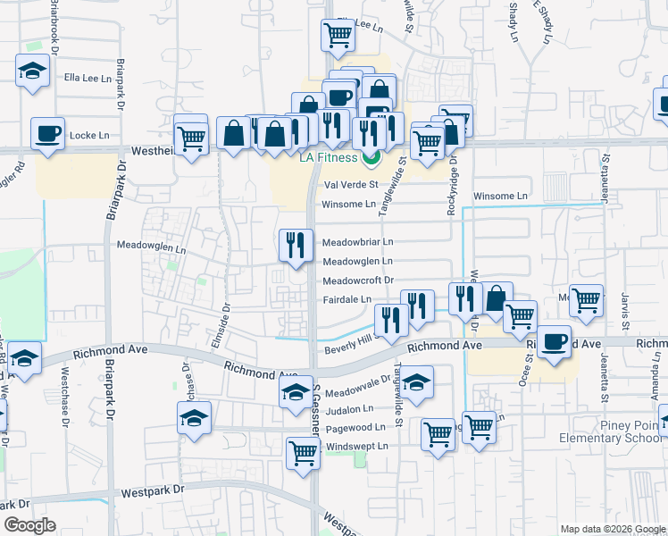 map of restaurants, bars, coffee shops, grocery stores, and more near 9643 Meadowcroft Drive in Houston