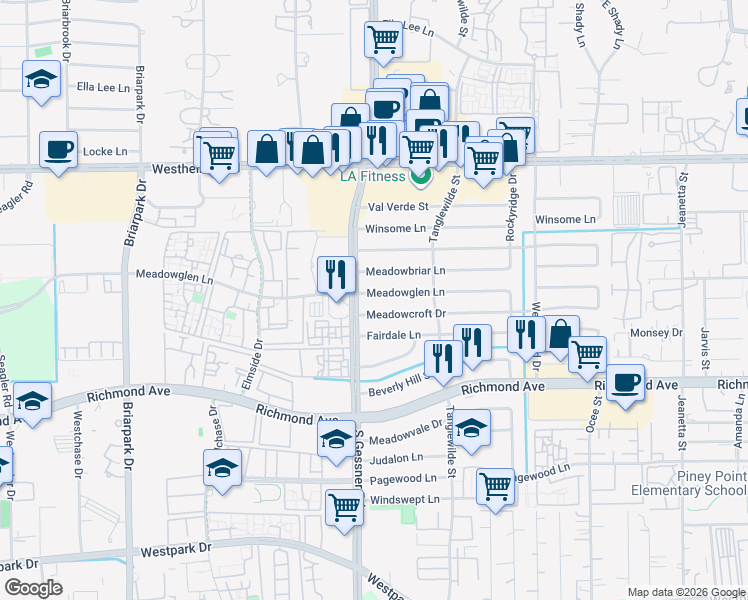 map of restaurants, bars, coffee shops, grocery stores, and more near 9643 Meadowcroft Drive in Houston