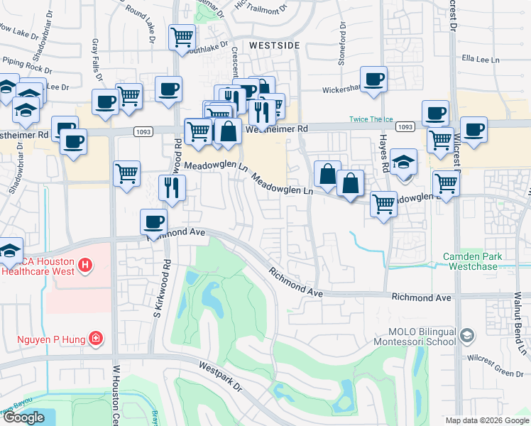 map of restaurants, bars, coffee shops, grocery stores, and more near 11635 Royal Oaks View in Houston