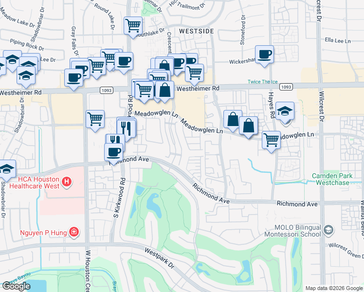 map of restaurants, bars, coffee shops, grocery stores, and more near 2806 Stuart Manor in Houston