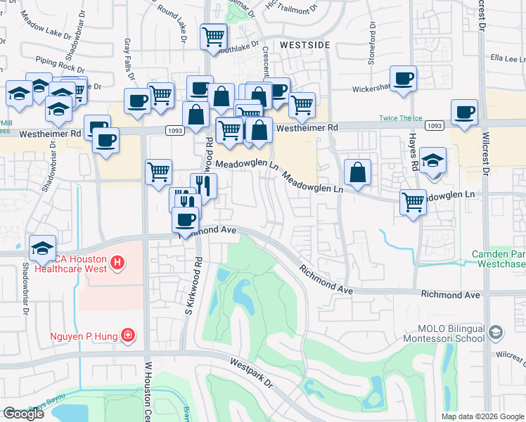map of restaurants, bars, coffee shops, grocery stores, and more near 11910 Richmond Avenue in Houston