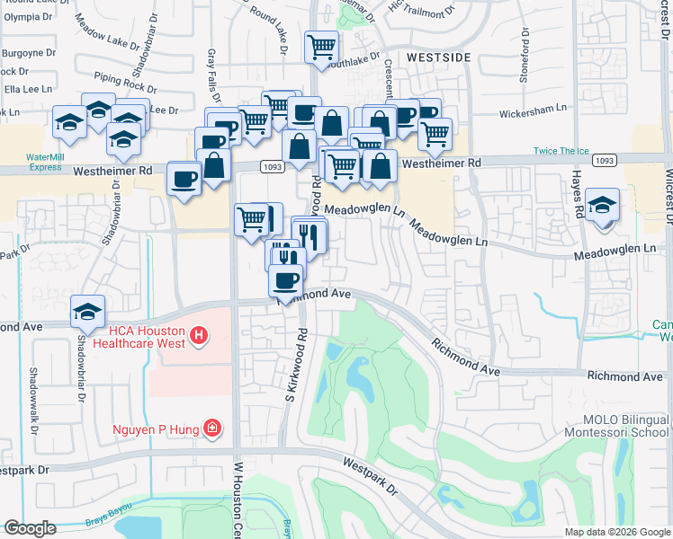 map of restaurants, bars, coffee shops, grocery stores, and more near 11905 Wedemeyer Way in Houston