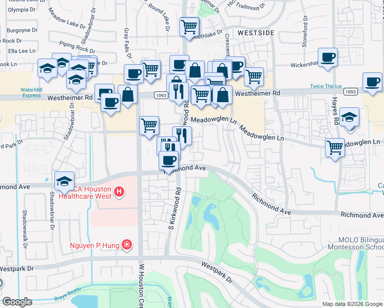 map of restaurants, bars, coffee shops, grocery stores, and more near 11905 Wedemeyer Way in Houston