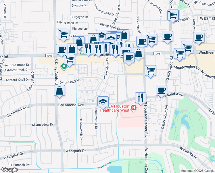 map of restaurants, bars, coffee shops, grocery stores, and more near 12360 Richmond Avenue in Houston