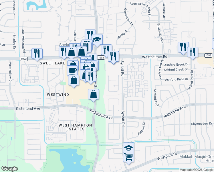 map of restaurants, bars, coffee shops, grocery stores, and more near 2734 Kimbleton Court in Houston
