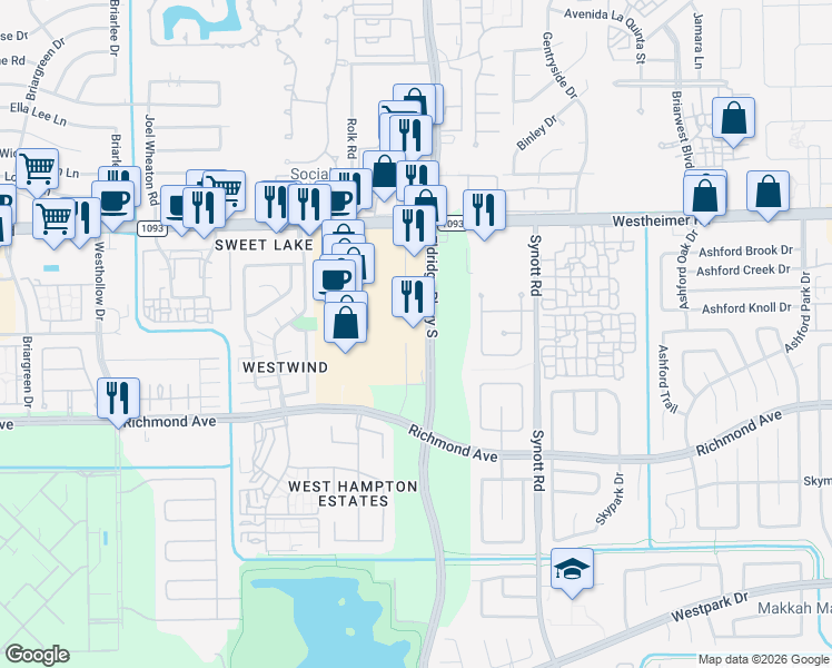 map of restaurants, bars, coffee shops, grocery stores, and more near Unnamed Road in Houston