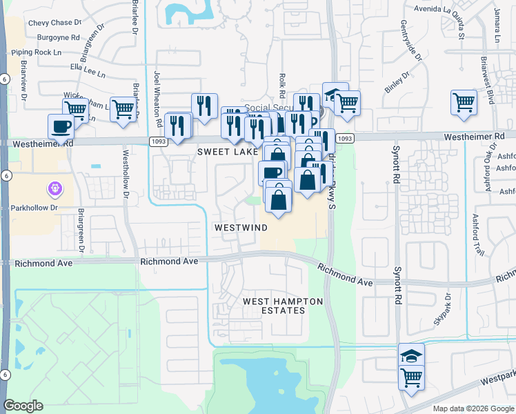 map of restaurants, bars, coffee shops, grocery stores, and more near 2919 Shadow Trail Drive in Houston