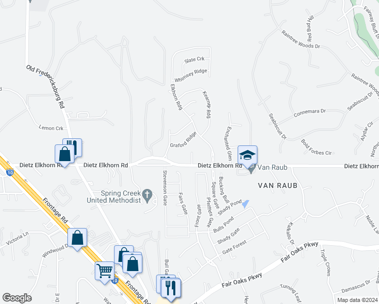 map of restaurants, bars, coffee shops, grocery stores, and more near 9031 Dietz Elkhorn Road in Boerne