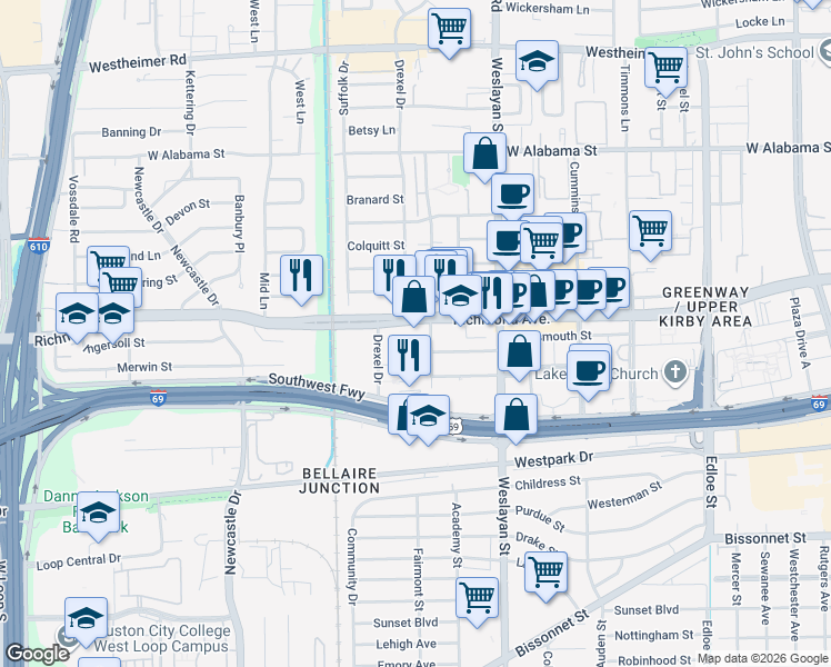 map of restaurants, bars, coffee shops, grocery stores, and more near 4211 Richmond Avenue in Houston