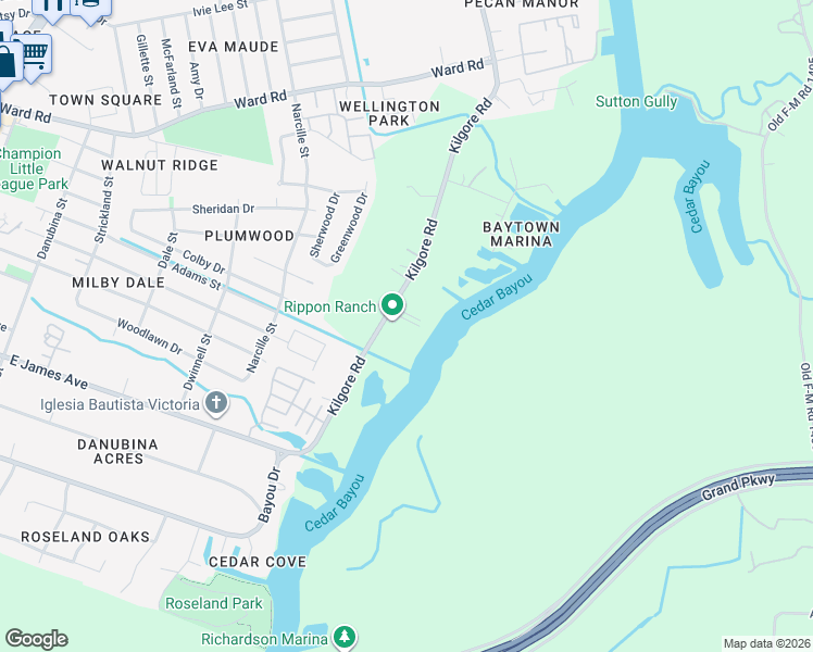 map of restaurants, bars, coffee shops, grocery stores, and more near 1010 Kilgore Road in Baytown