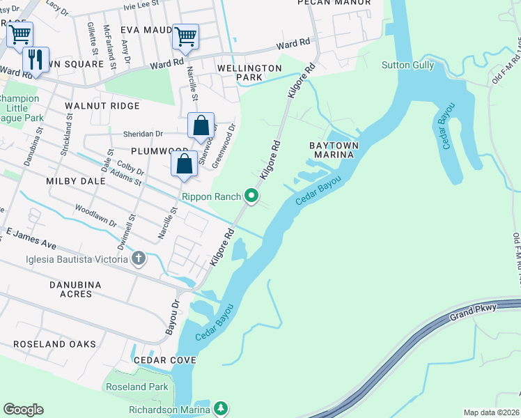 map of restaurants, bars, coffee shops, grocery stores, and more near 1010 Kilgore Road in Baytown