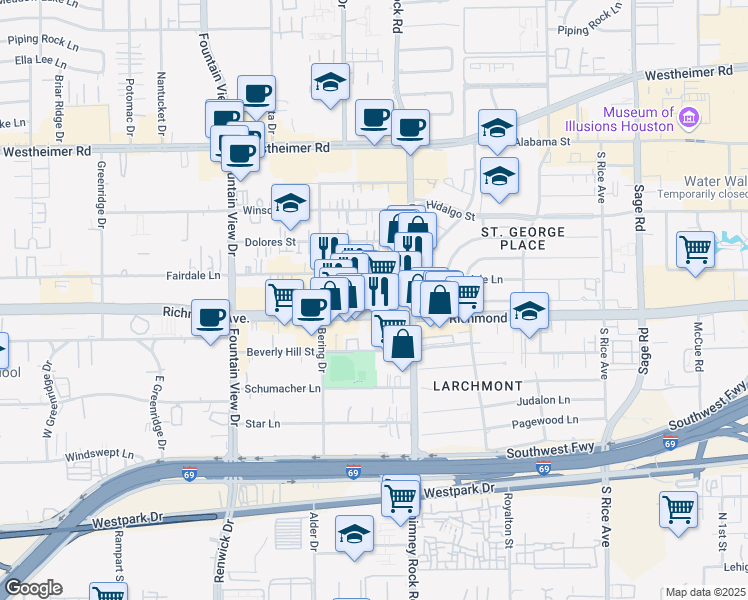 map of restaurants, bars, coffee shops, grocery stores, and more near 5630b Richmond Avenue in Houston