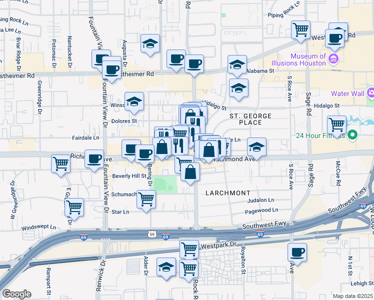 map of restaurants, bars, coffee shops, grocery stores, and more near 5606 Richmond Avenue in Houston