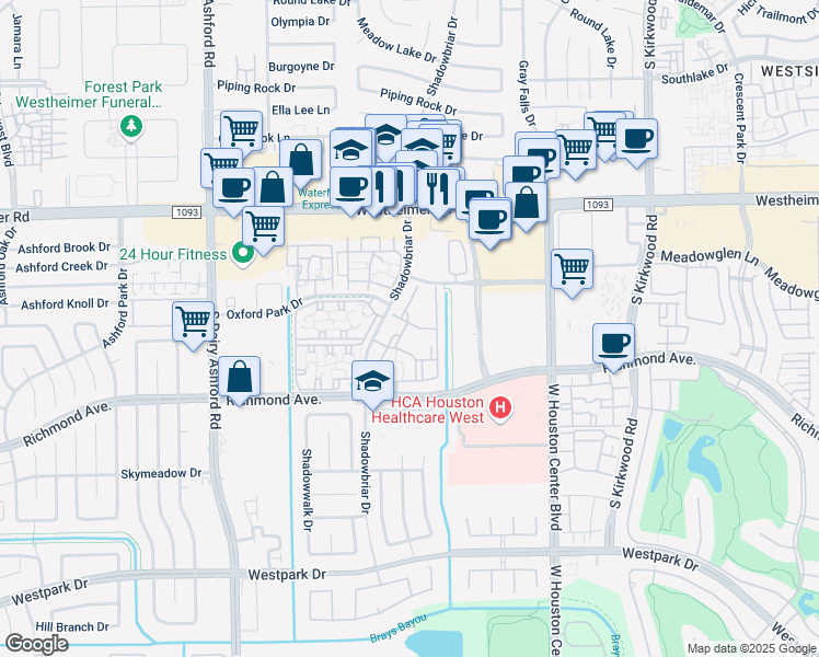 map of restaurants, bars, coffee shops, grocery stores, and more near 12360 Richmond Avenue in Houston